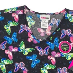 Scrubstar Women’s Size Medium Black Butterfly Scrub Top stretch NWT
